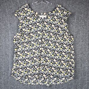 LOFT Plus Floral Blouse Womens 20 Black Yellow Ditsy Print Split Neck Cap Sleeve